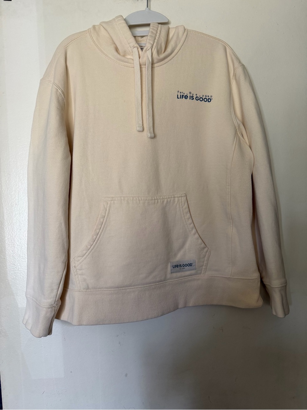 Life Is Good Women’s Large Cream Graphic Hoodie Floral Back Logo Pullover